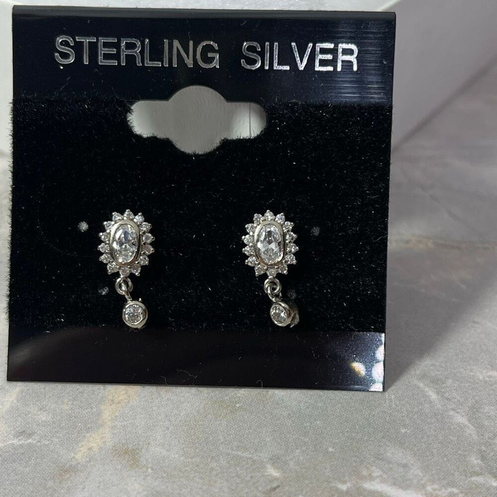 Sterling silver drop earrings oval center stone drop dangle halo of CZ’s